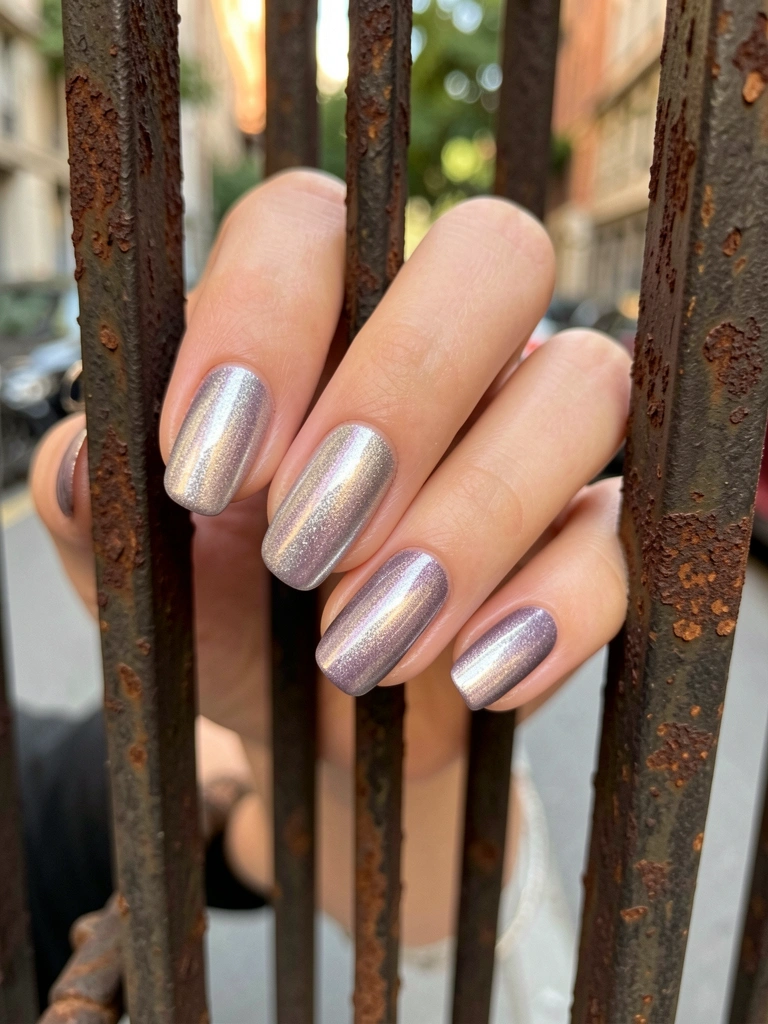 Mãos com unhas prateadas e roxas acetinadas atrás de uma cerca de metal enferrujada, luz natural realça o brilho metálico.