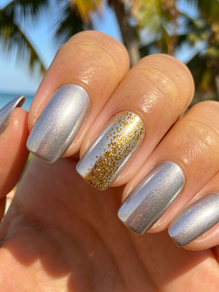 Close-up de unhas com esmalte metálico prateado e glitter dourado, luz natural quente ao fundo desfocado.