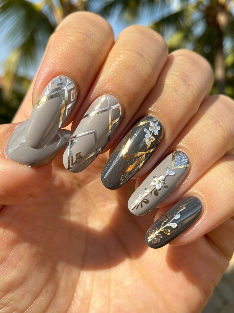 Mãos com unhas pintadas em tons de cinza, do claro ao escuro, com acabamentos matte e glossy, detalhes geométricos e florais prateados e dourados, luz natural do dia.
