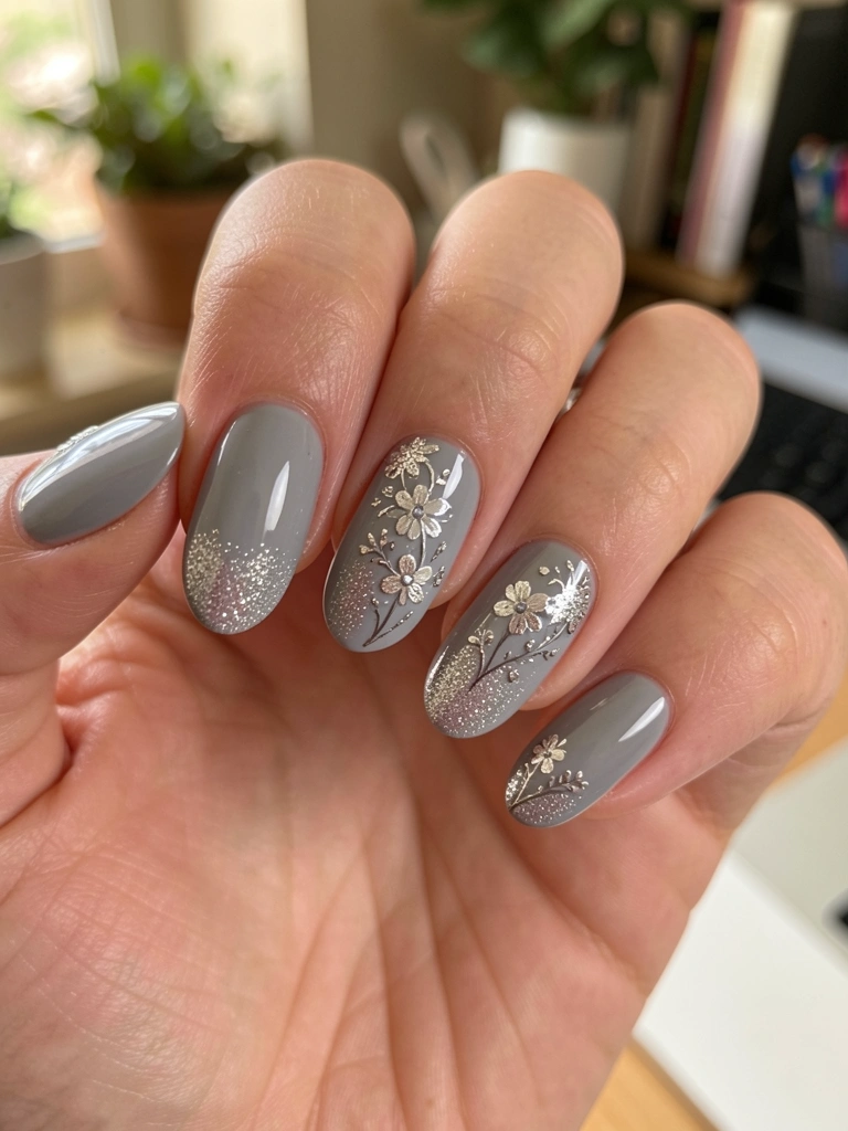 Close de quatro unhas cinzas com glitter prateado e florais delicados, esmalte brilhante sob luz difusa, fundo suave de escritório.