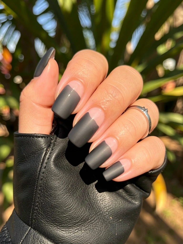 Unhas acrílicas pretas foscas com ponta francesa e anel prateado, luz natural filtrada por folhas ao fundo.