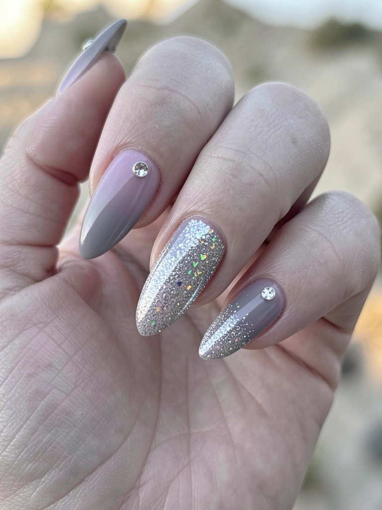 Mão feminina com unhas longas em esmalte cinza e lavanda, glitter prateado na base e strass nas pontas, iluminação suave e difusa.