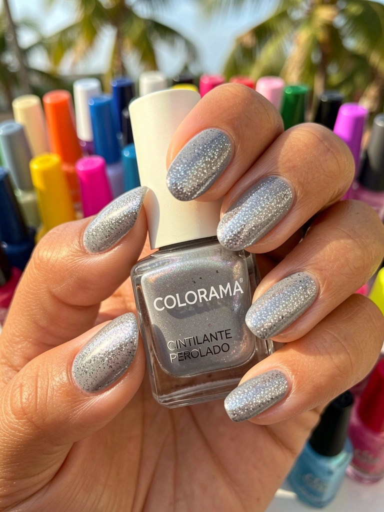 Close-up de mãos femininas segurando um frasco de esmalte cinza iridescente com glitter prateado, fundo desfocado de frascos coloridos, luz natural do dia.