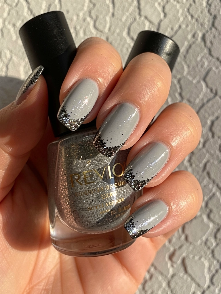Esmalte Revlon preto com letras douradas segurado por mão, unhas cinza claro com glitter prateado e detalhes pretos, fundo cinza texturizado com luz natural.