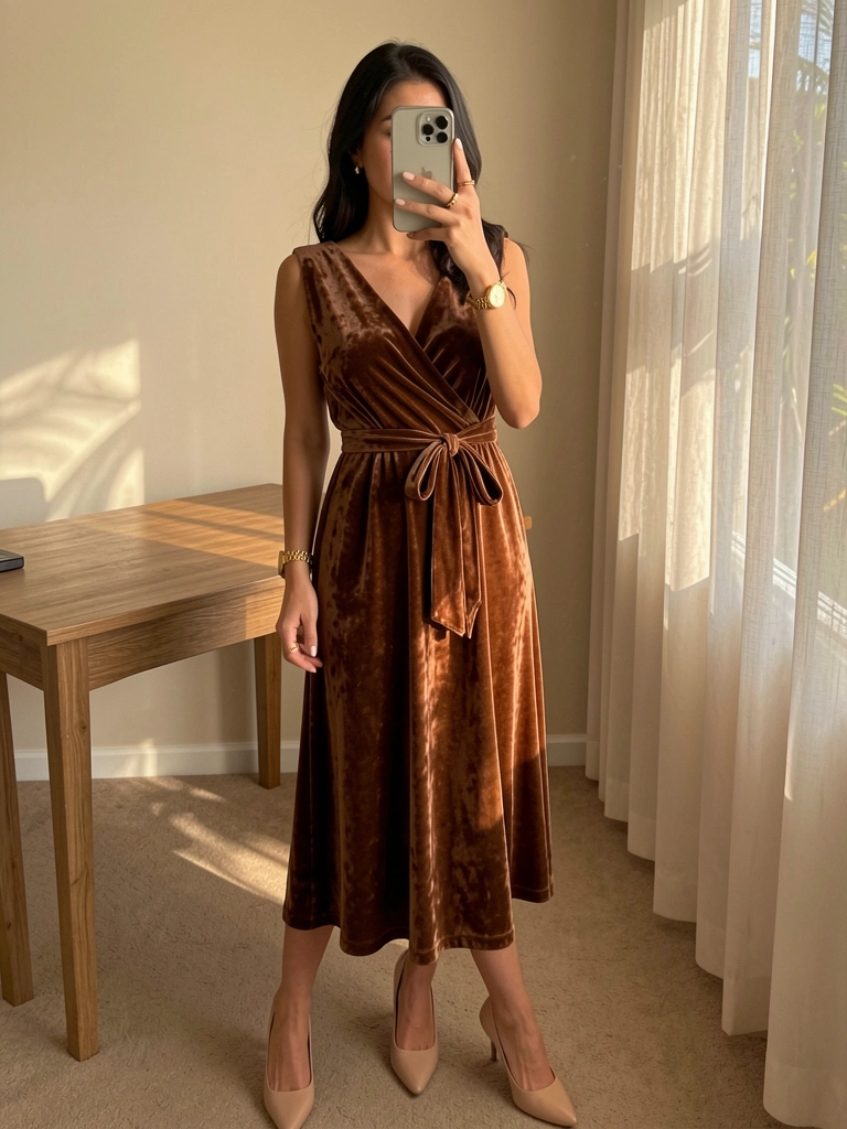 Vestido marrom de veludo com cintura amarrada, mulher tirando selfie com smartphone, anel de ouro e relógio no pulso, luz natural filtrada por cortina.