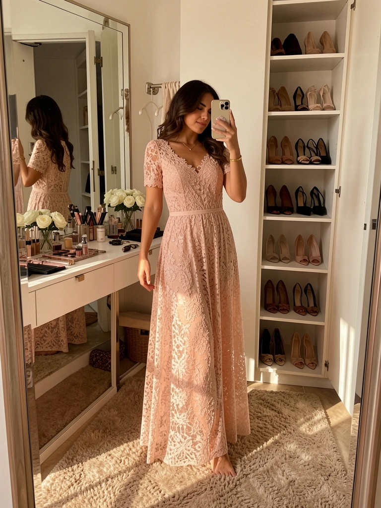 Vestido renda blush em dressing room com espelho, penteadeira com rosas brancas e sapateira de salto, luz quente e tapete bege.
