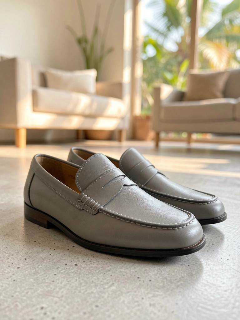 Sapatos loafer de couro cinza claro com costuras detalhadas sobre piso de concreto, luz natural filtrada ao fundo.