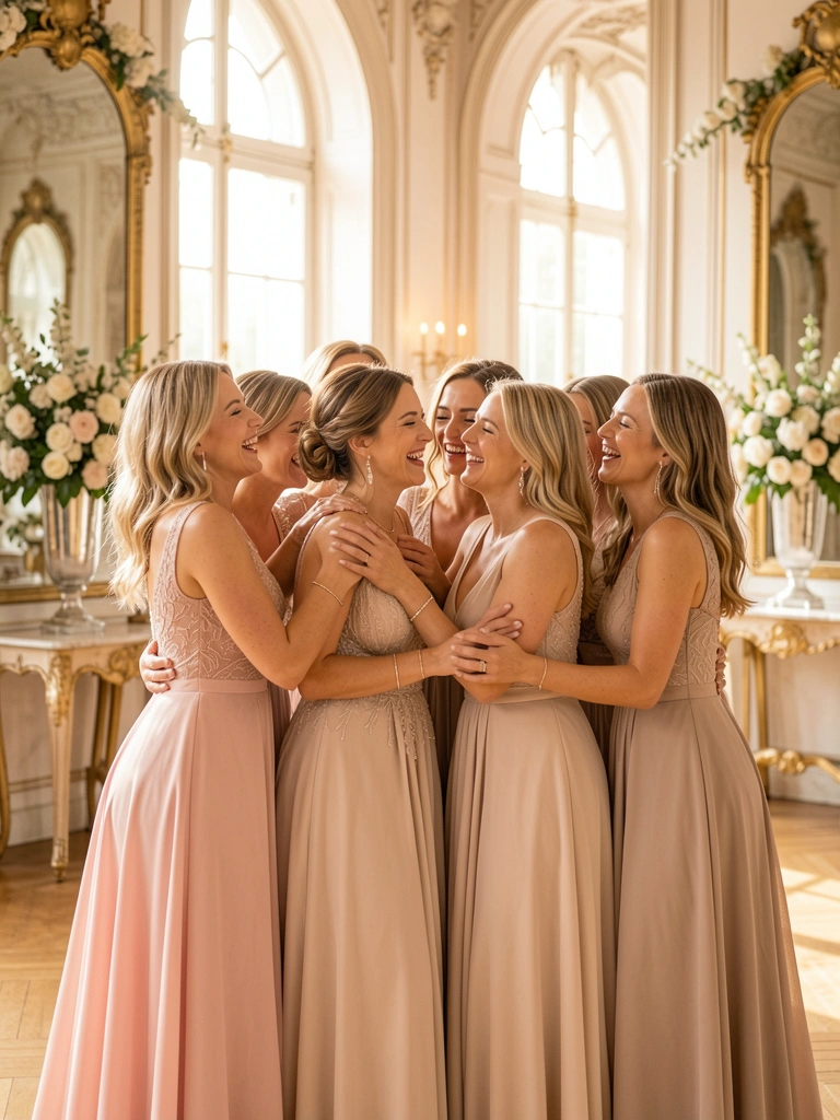 Mulheres em vestidos rosa claro e bege abraçadas e rindo em salão de baile com espelhos dourados e arranjos florais, luz difusa e suave.