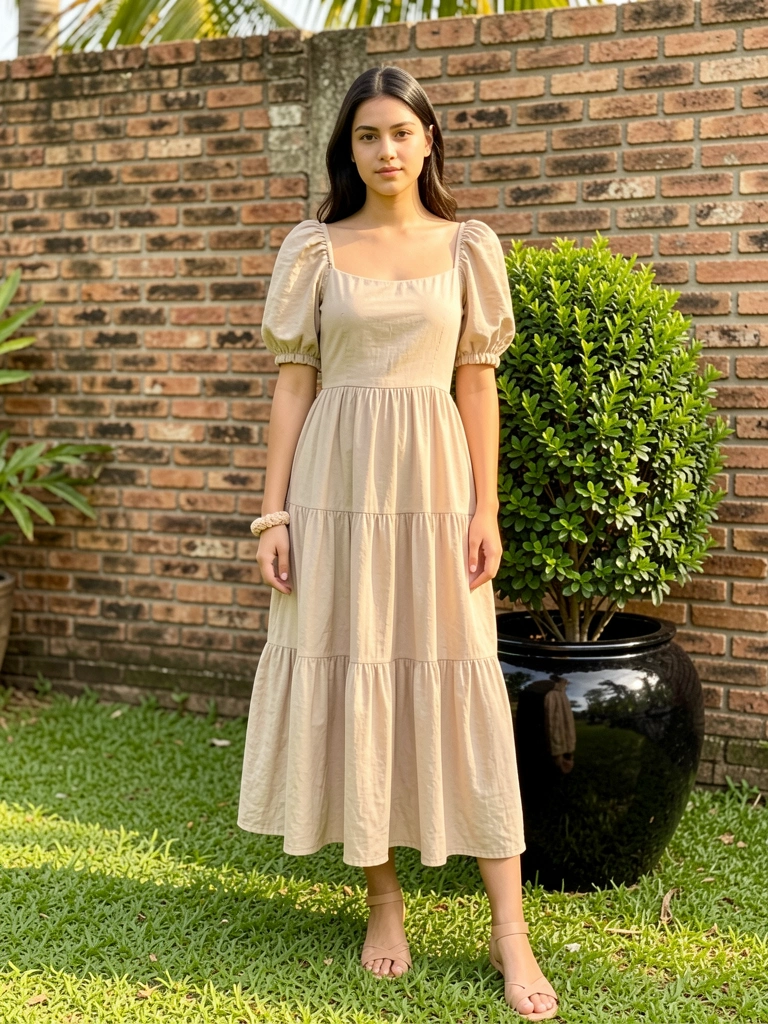 Mulher jovem em vestido midi bege com mangas bufantes e alças finas, em pé contra parede de tijolos, ao lado de vaso preto com buxo verde, gramado ao fundo, luz natural quente.