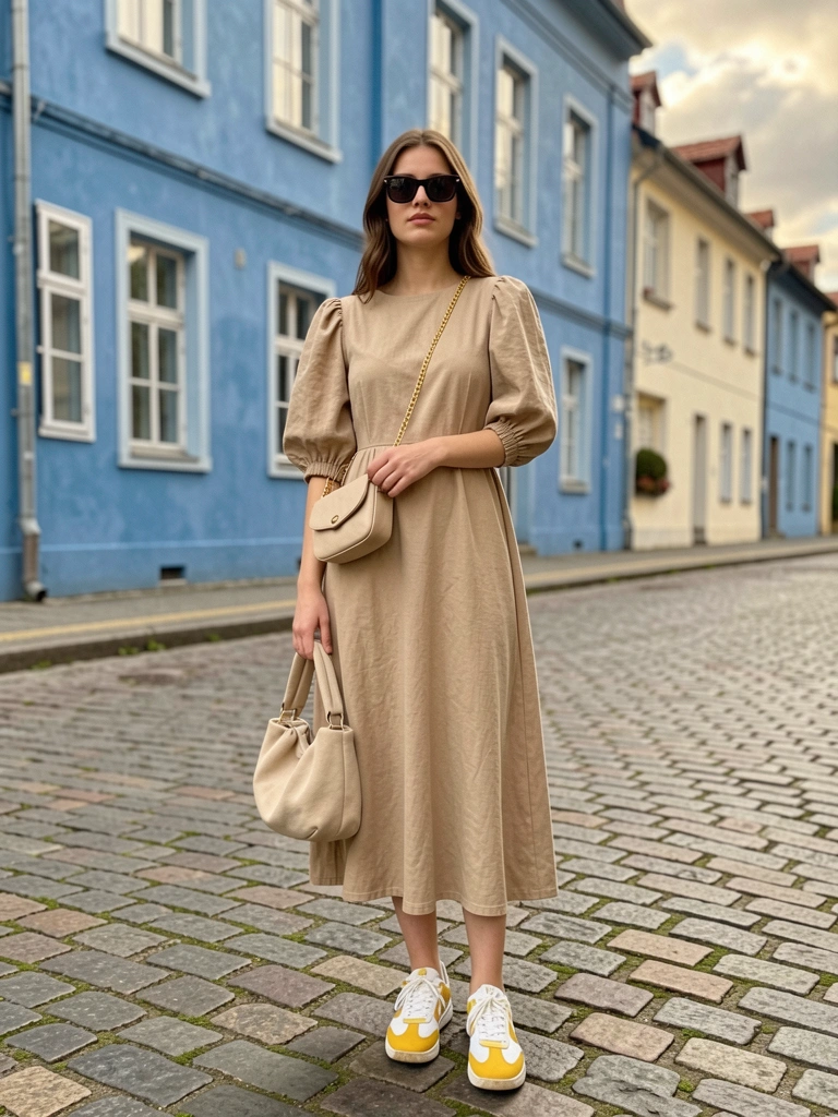 Mulher de vestido bege e tênis branco e amarelo em rua de paralelepípedos, prédio azul ao fundo, luz natural.