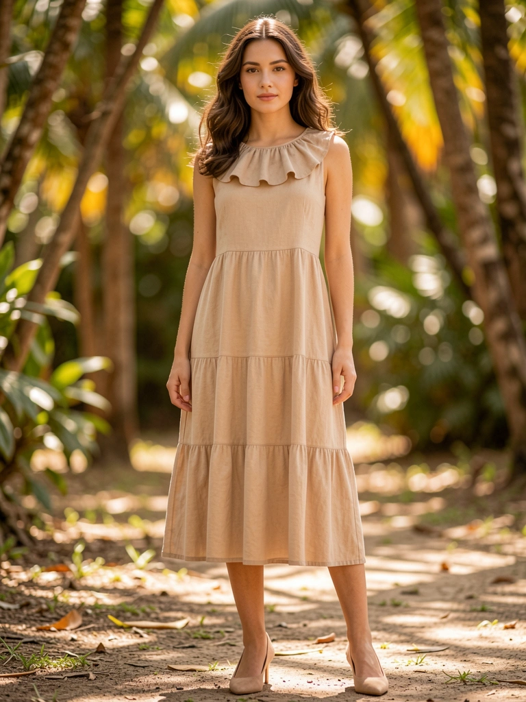Mulher jovem em vestido bege de camadas com babado no decote, sapatos nude, luz natural filtrando por árvores ao fundo desfocado.