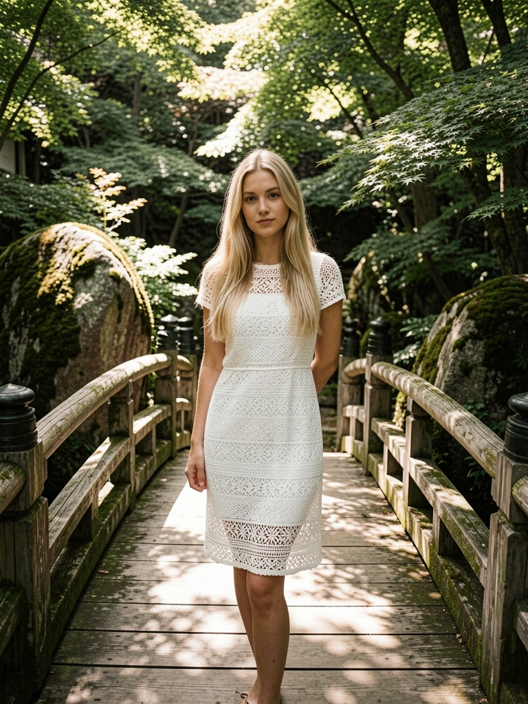 Mulher de vestido branco de crochê em ponte de madeira desgastada, cercada por pedras musgosas e folhagem densa com luz filtrada.