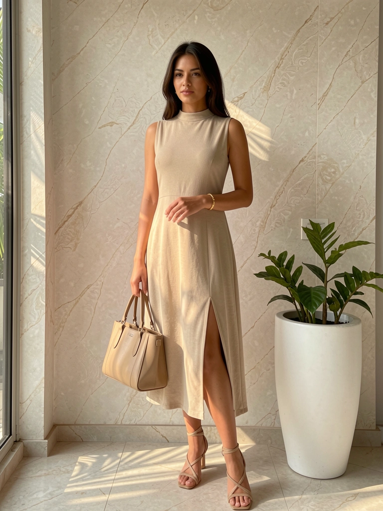 Mulher de vestido bege com fenda segurando bolsa de couro, parede marmorizada e vaso com plantas sob luz natural.