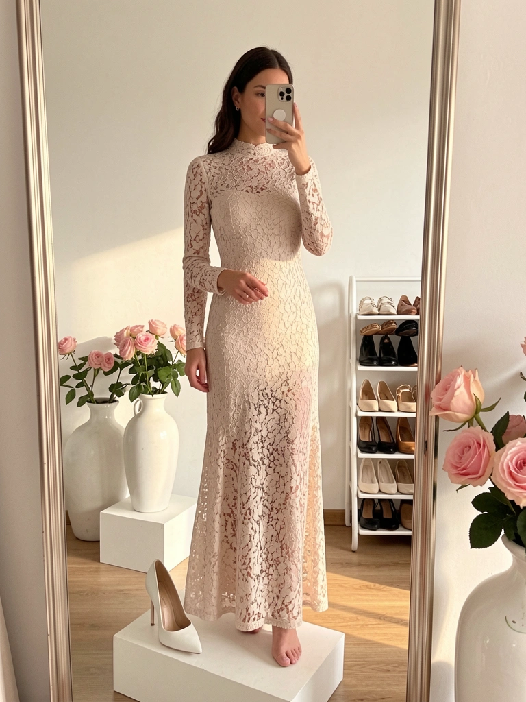 Mulher de vestido de renda floral refletida em espelho, segurando smartphone, com vasos de rosas e sapato branco ao fundo, luz natural suave.