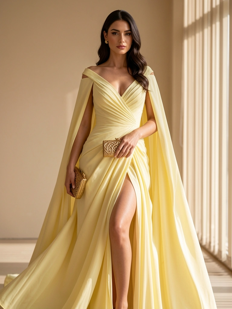 Vestido longo amarelo-pálido com mangas drapeadas e fenda alta, segurando bolsa dourada, parede bege com persianas desfocadas e luz natural.