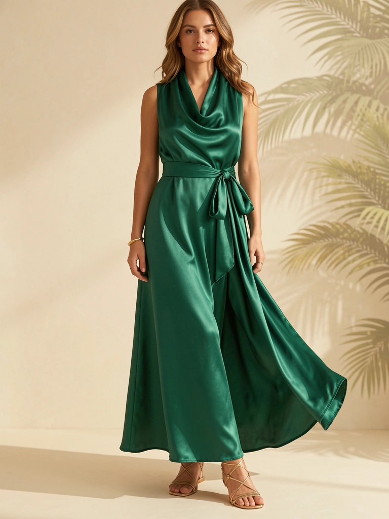 Vestido verde-esmeralda de cetim com decote envelope e cinto amarrado, pulseira dourada no pulso, sandálias douradas de tiras, luz natural e fundo bege neutro com textura tropical.