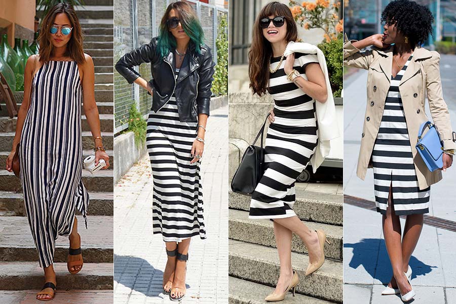 looks com vestido listrado preto e branco