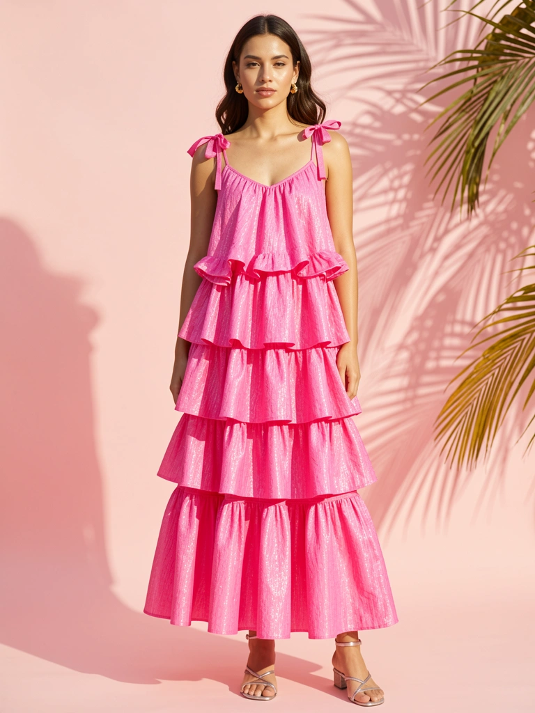 Vestido rosa vibrante com babados e laços nas alças finas, brincos de ouro, sandália prateada, luz natural quente.