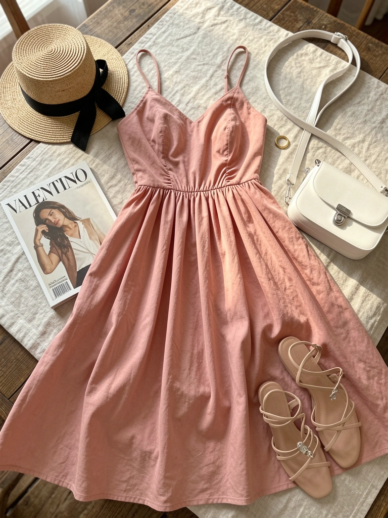 Vestido midi rosa blush com alças finas sobre mesa de madeira, chapéu de palha e bolsa branca ao lado, luz natural suave.