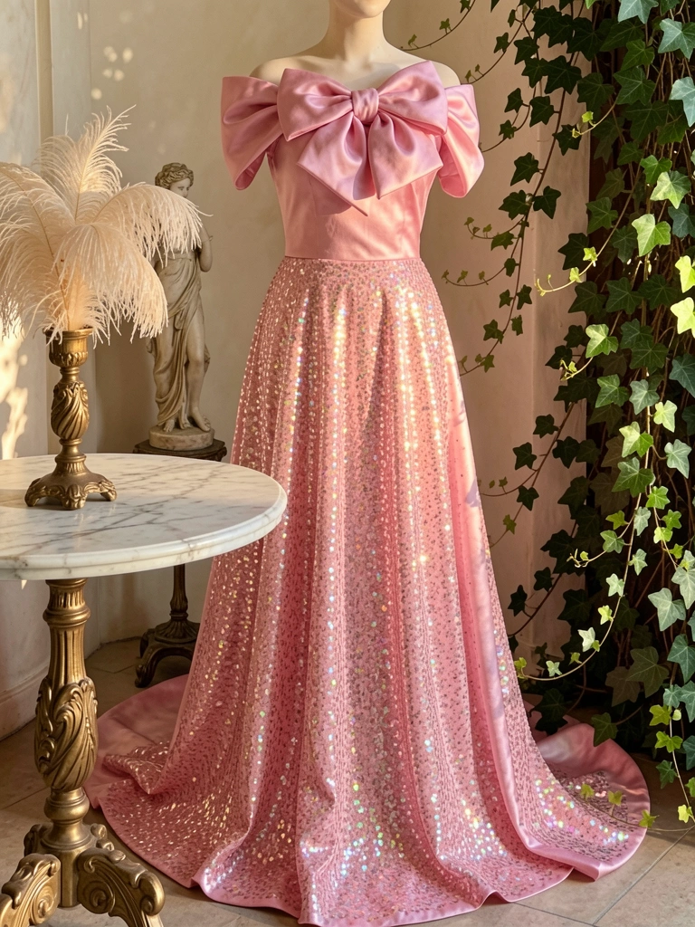 Vestido longo rosa de cetim com decote ombro a ombro e laço volumoso, brilho iridescente na saia, castiçal dourado com pluma sobre mesa de mármore, folhagens verdes ao fundo e luz difusa quente.
