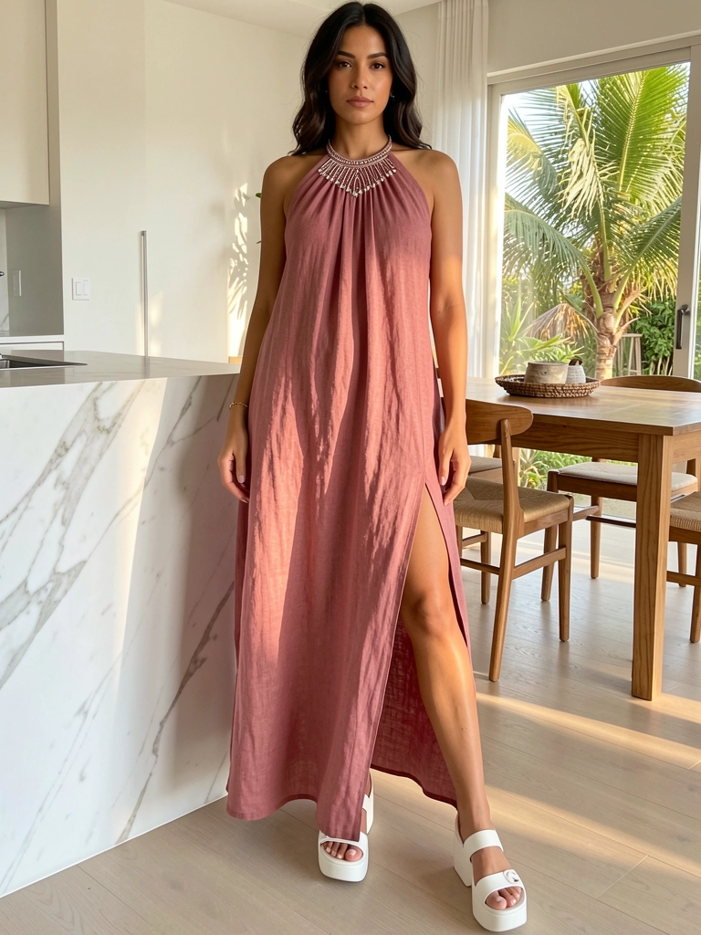 Vestido de linho rosa poeira com decote de contas e fenda lateral, mulher em sandálias brancas em sala com balcão de mármore e mesa de madeira, luz natural filtrada.