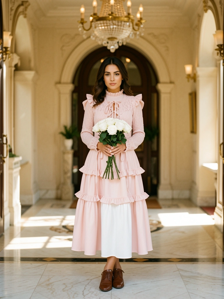 Vestido rosa claro com mangas franzidas e buquê de rosas brancas em mãos, entrada com lustre e piso de mármore, luz natural suave.