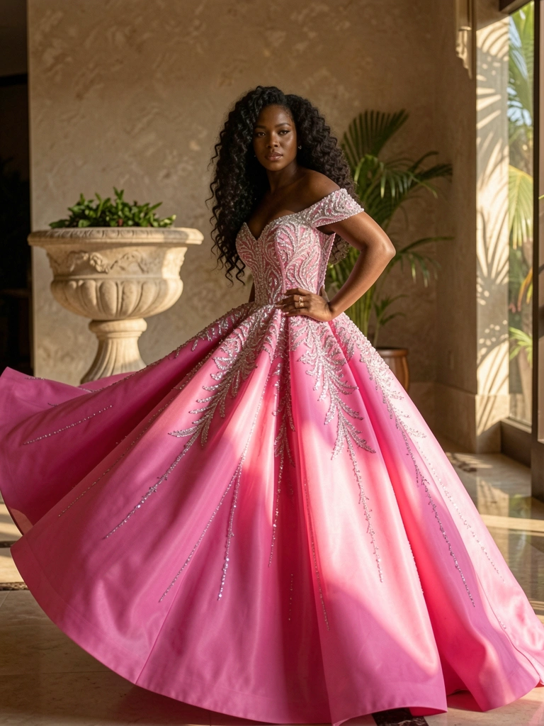 Mulher negra de cabelos crespos longos em vestido rosa pink com bordados de lantejoulas, saguão de hotel com vaso de pedra e luz natural suave.