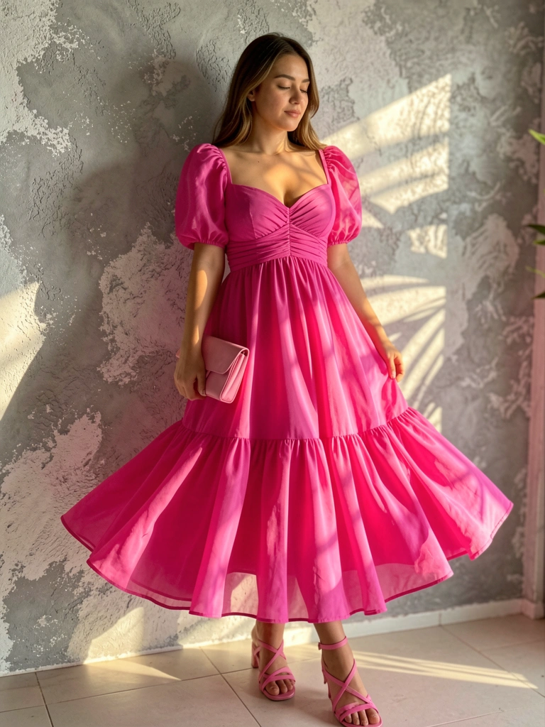 Vestido rosa de chiffon com mangas bufantes e saia evasê, mulher posa contra parede texturizada cinza e branca, luz natural quente.