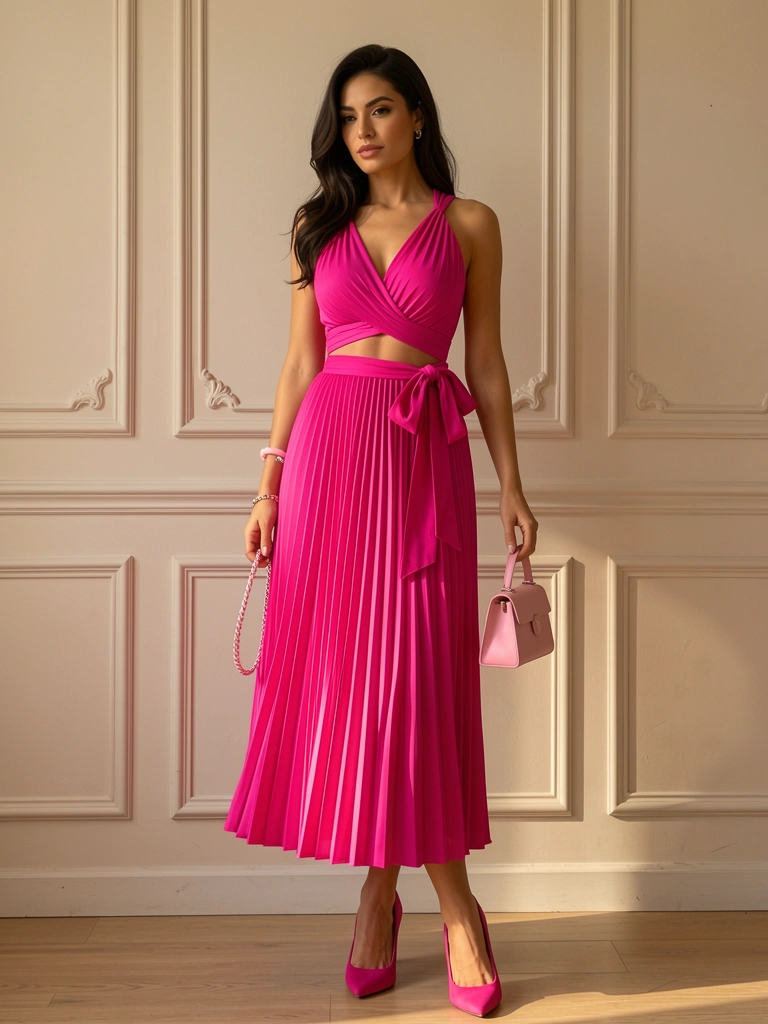 Vestido fúcsia plissado com recorte e laço na cintura, mulher segurando pulseira rosa, salto e bolsa combinando, luz natural em parede neutra com moldura.