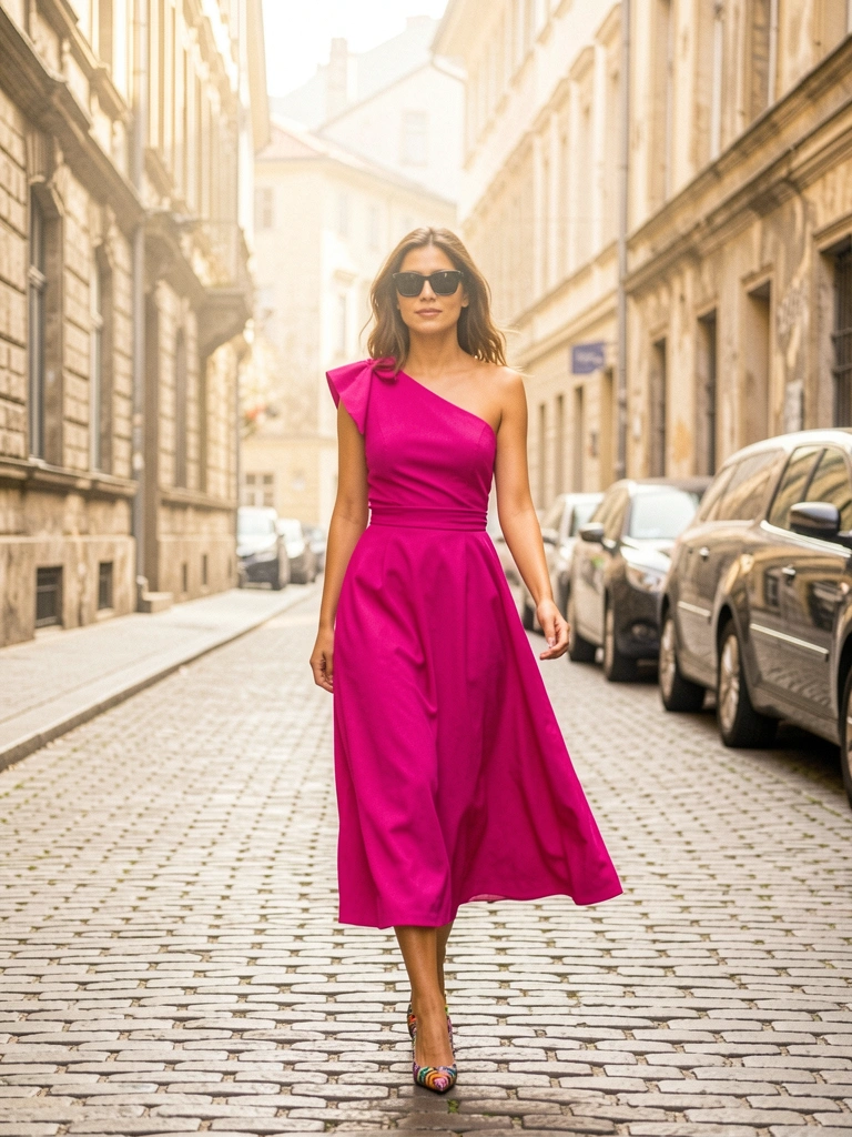 Vestido fúcsia de ombro único com laço e cintura marcada, mulher andando em rua de paralelepípedos, sapatos estampados e óculos escuros, fundo com prédios antigos e luz diurna.