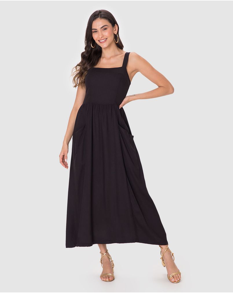 vestido midi decote quadrado