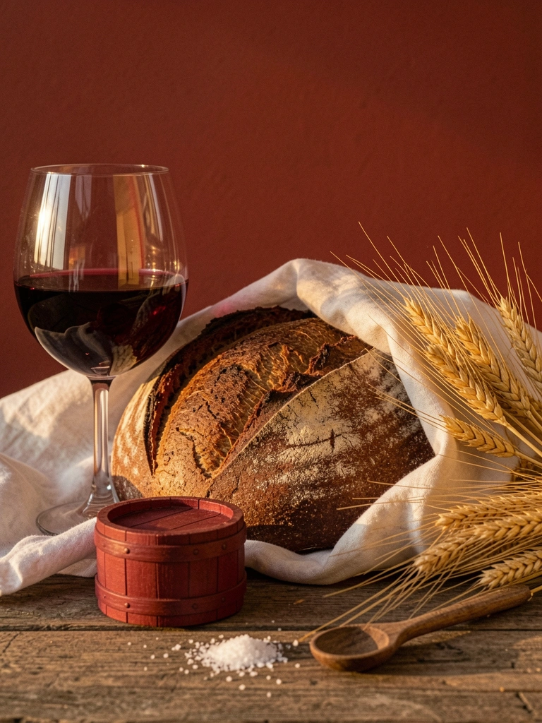 Mesa rústica de madeira com pão artesanal, taças de vinho e luz de pôr do sol ao fundo