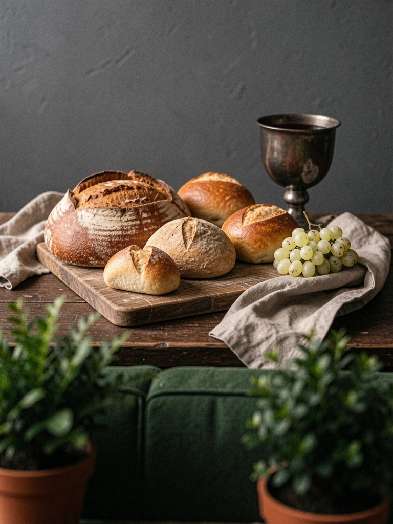 Tábua de madeira com variedades de pães, incluindo baguetes e pães redondos, sobre fundo neutro