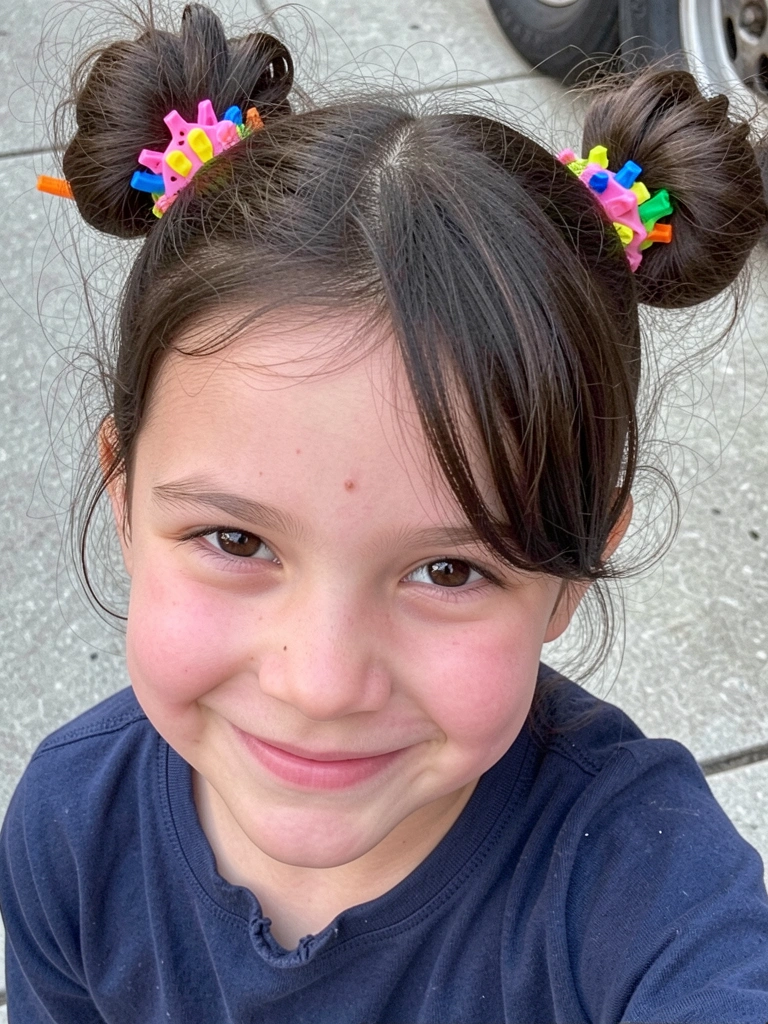 Menina com cabelo preso em rabinhos finos formando aranha, liguinhas coloridas, sorrindo.