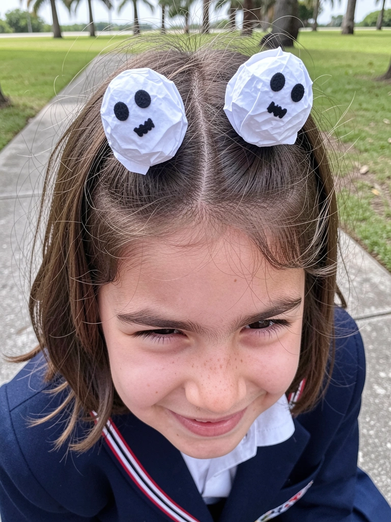 Menino com coque no topo da cabeça decorado com palitos de pipoca saindo do penteado, fundo branco.