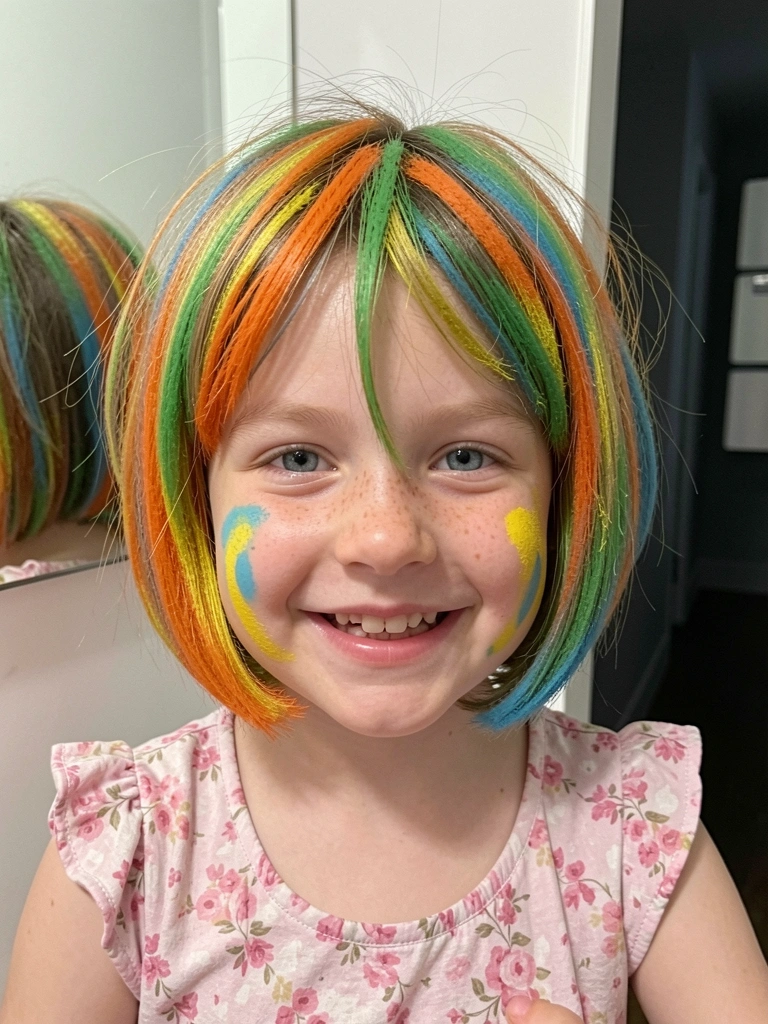 Menina com cabelo curto pintado de spray colorido em listras, sorrindo em close-up.