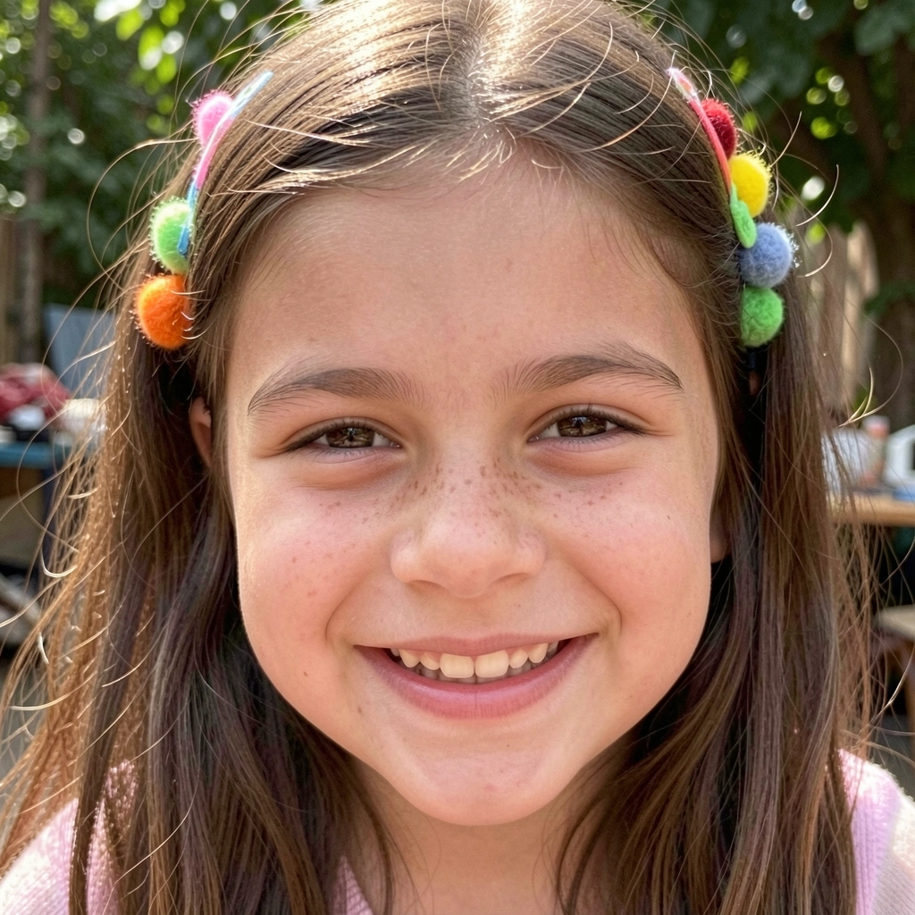 Menina com cabelo solto e grampos coloridos com pompons de lã, sorrindo.