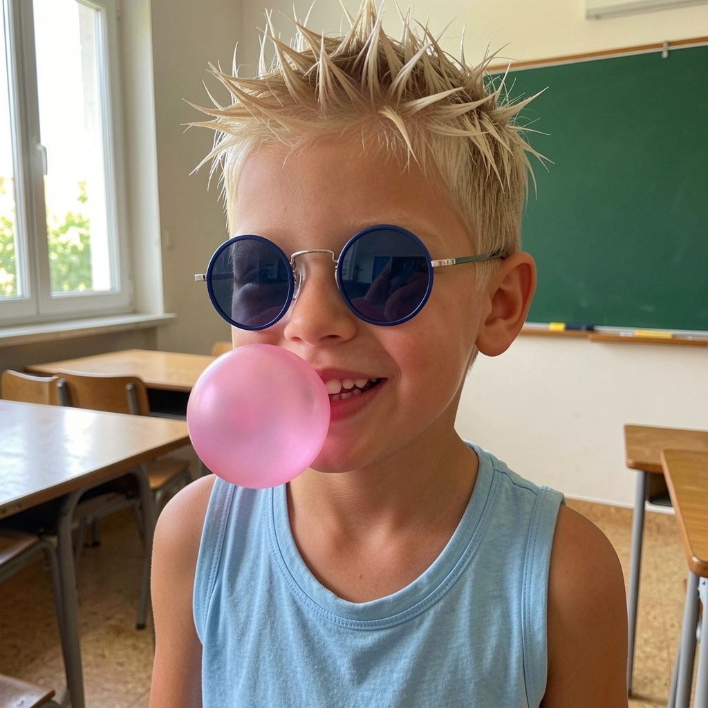 Menino com cabelo curto modelado em espetinhos, em sala de aula.