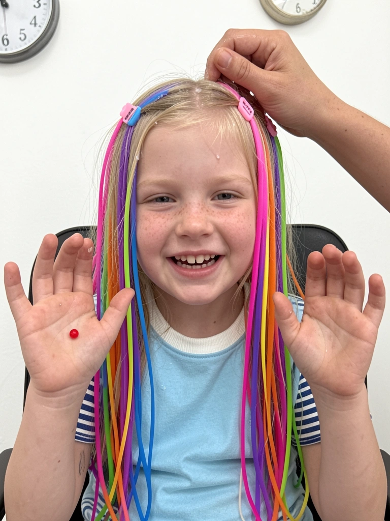 Criança sentada em cadeira enquanto adulto aplica gel no cabelo, com relógio na parede ao fundo.