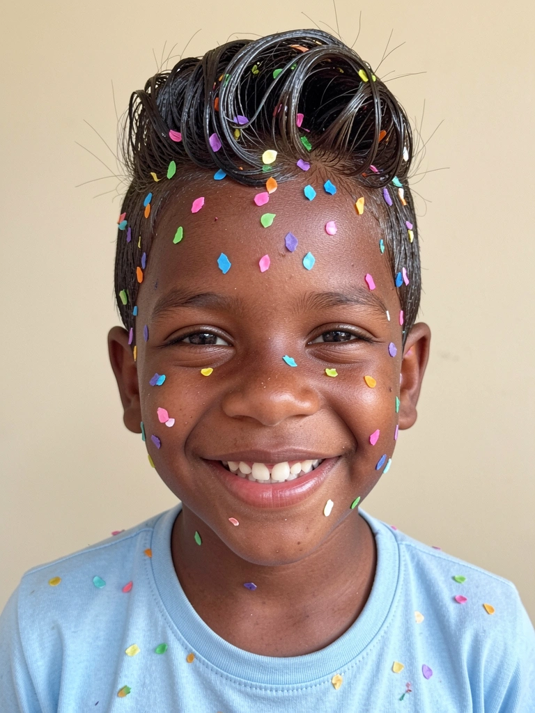 Menino com topete levantado com gel e confetes coloridos grudados, fundo neutro.