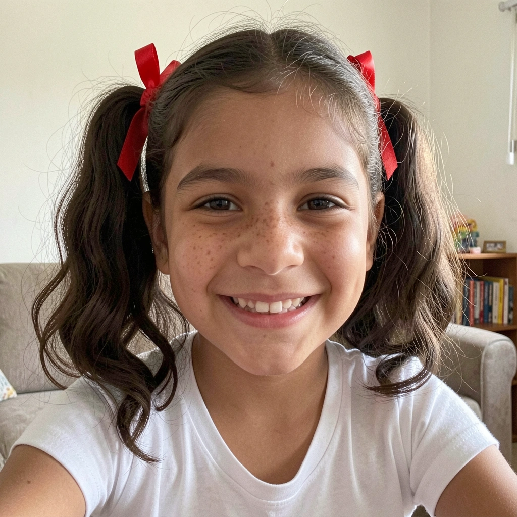 Menina com dois rabos de cavalo laterais presos com fitas de cetim vermelhas, sorrindo.
