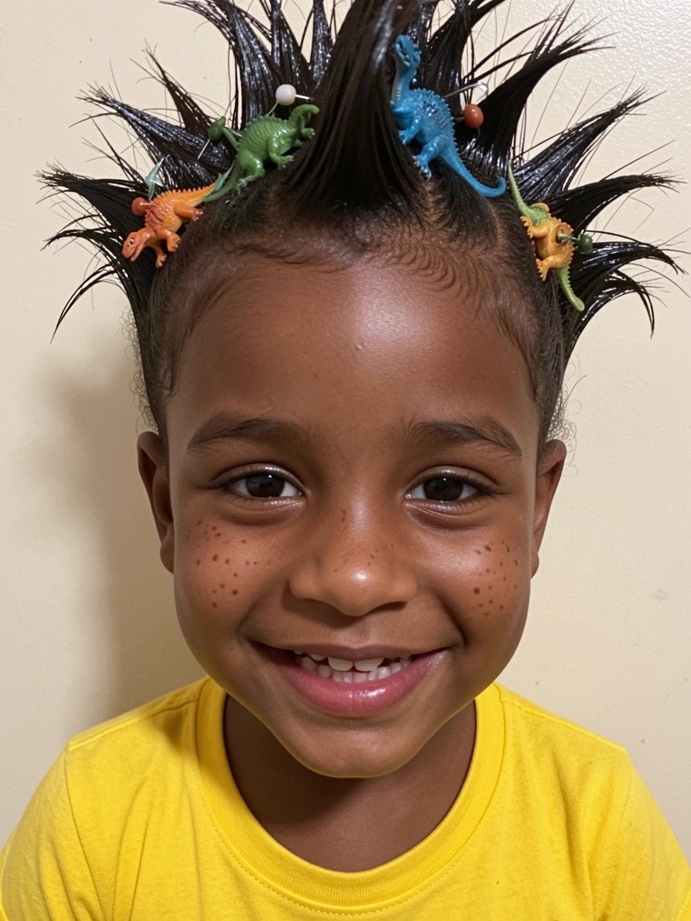 Criança com cabelo em gel formando um moicano, com pequenos dinossauros de plástico presos nos grampos.