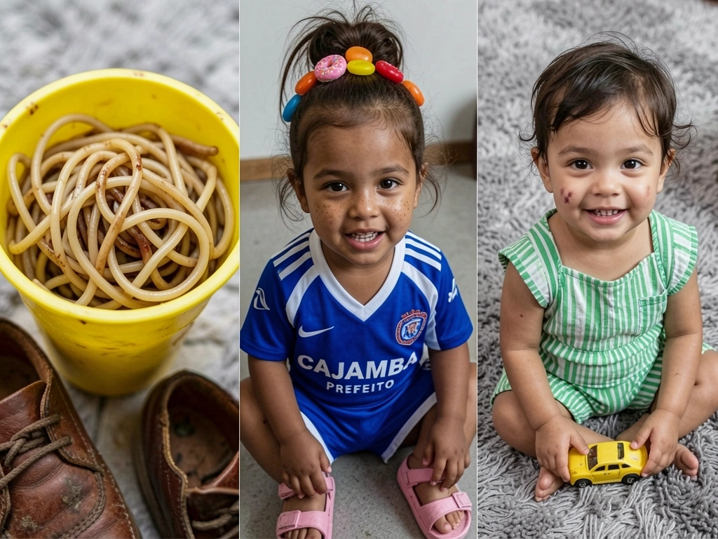 Menina com cabelo preso em rabinhos finos formando uma aranha, com elásticos coloridos, sorrindo.