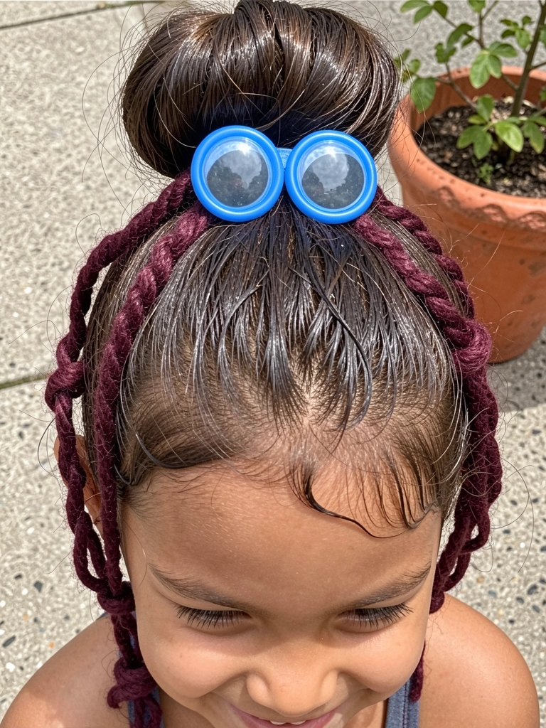 Menina com cabelo curto pintado de spray colorido em listras, sorrindo em close-up.
