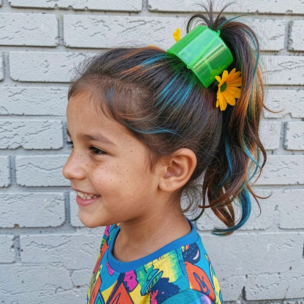 Criança de perfil com rabo de cavalo alto, copo plástico verde preso ao cabelo e flor artificial saindo do copo.