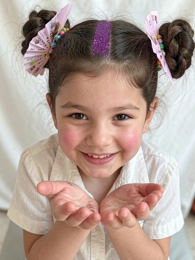 Menina com cabelo solto e grampos coloridos com pompons de lã, sorrindo.