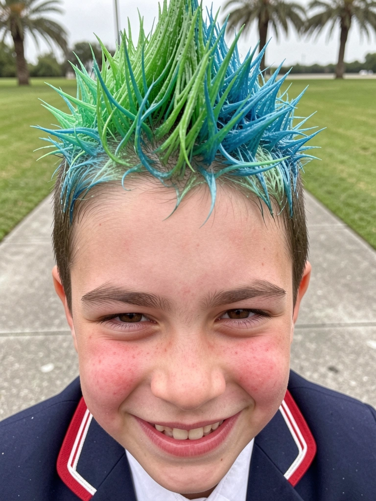 Menino sorrindo com cabelo moicano curto, gel colorido em verde e azul, pontas eriçadas.