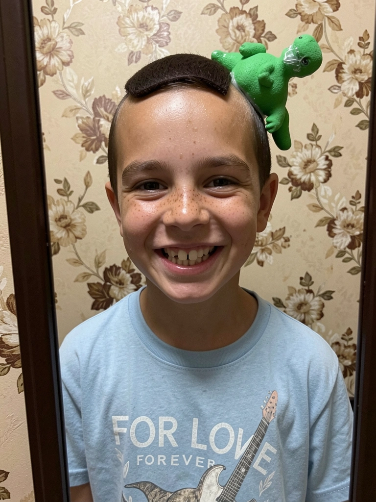 Cabelo curto infantil com um dinossauro de EVA verde preso com cola escolar, close-up.