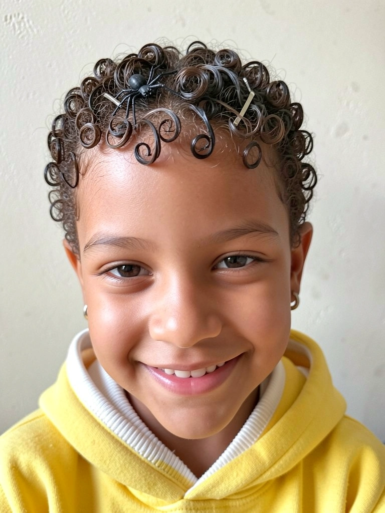 Cabelo curto masculino com aranha de plástico preta presa por grampos, fundo de parede.