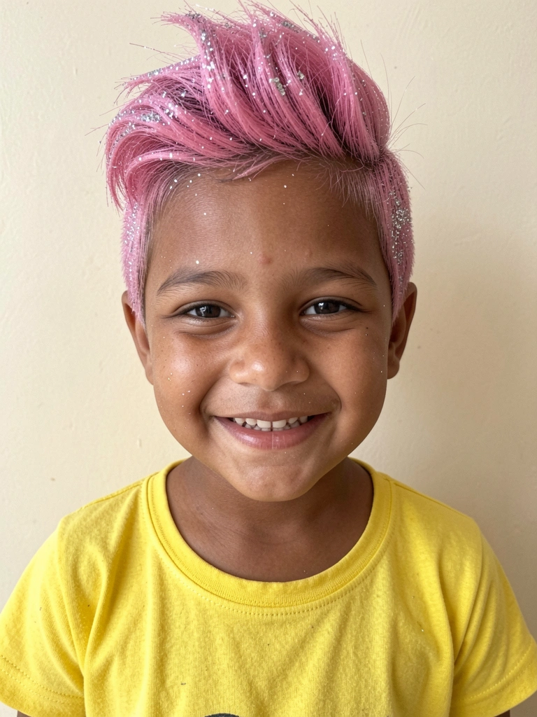 Menino sorrindo com cabelo curto, topete levantado, spray rosa e glitter prateado.